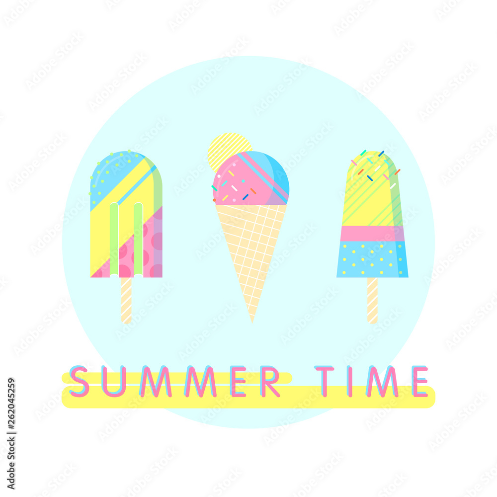 Colorful ice cream set with text - summer time.Perfect for restaurant menu backdrop, healthy food concept, ice cream bar,t-shirts,cards and prints.Vector illustration with ice cream and popsicle. Colorful ice cream set with text - summer time.Perfect for restaurant menu backdrop, healthy food concept, ice cream bar,t-shirts,cards and prints.Vector illustration with ice cream and popsicle.