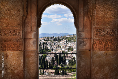 Oratory interior, the Nasrid Palaces, Albaicin can be seen through the windows,  Alhambra, Granada, Spain