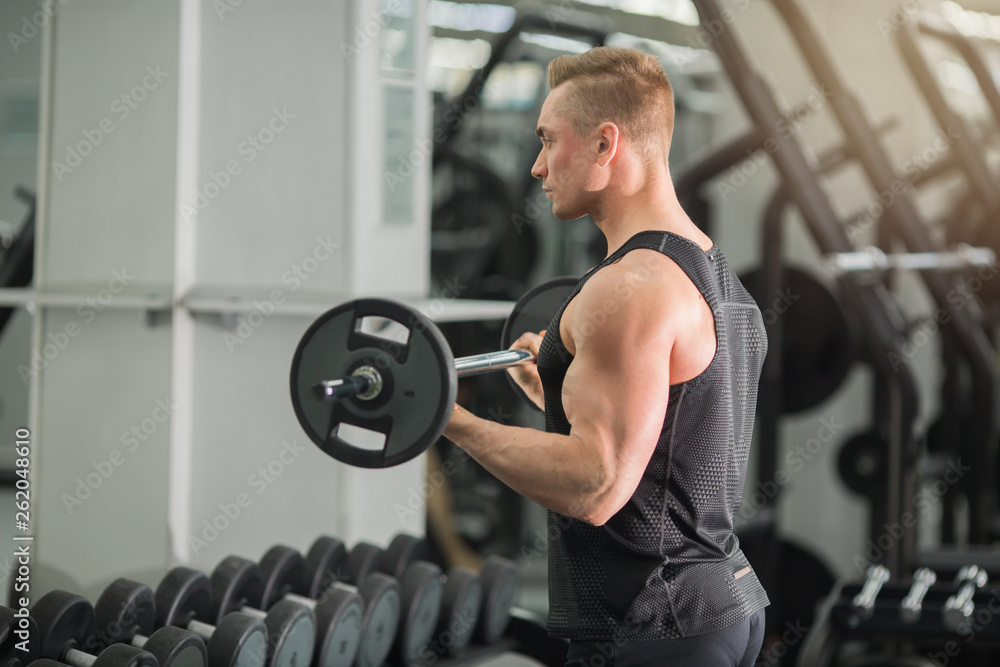 handsome man in good physical condition with muscles in the gym training with barbell handsome man in good physical condition with muscles in the gym training with barbell