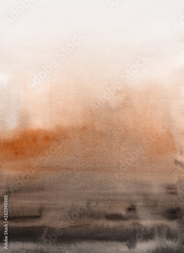 Orange with brown ink and watercolor textures on white paper background. Paint leaks and ombre effects. Hand painted abstract image.
