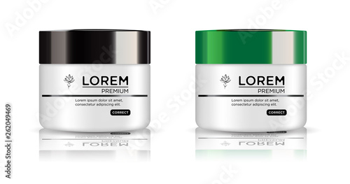 Round white set, plastic jar with black and green lid for cosmetics - body cream,  butter, bath salt, gel, skin care, powder. Realistic packaging mockup template.  Side view. Vector illustration.