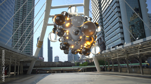 Floating spheres in business district 3D render