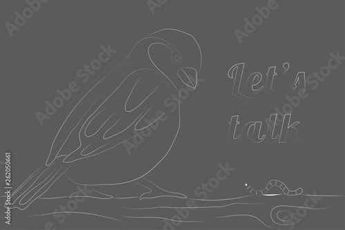 allegorical image of obviously unequal negotiations white on gray contour vector illustration of a bird and a worm
