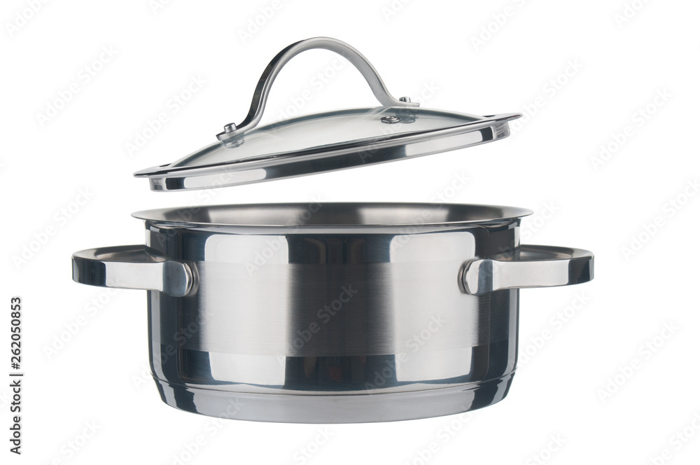 Steel saucepan and lid closeup isolated on white background - obrazy, fototapety, plakaty 