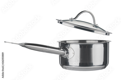 Stainless saucepan with lid closeup isolated on white background