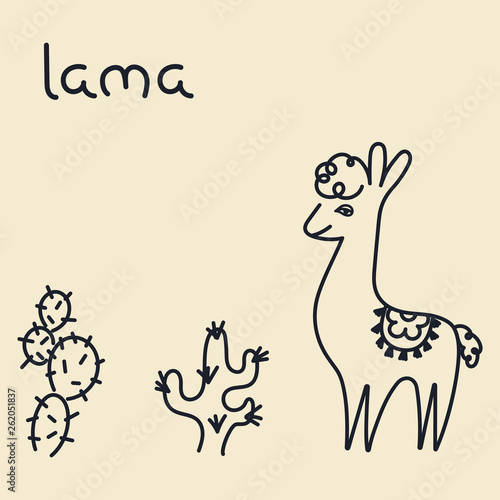 Hand drawn vector illustration of a cute funny Lama