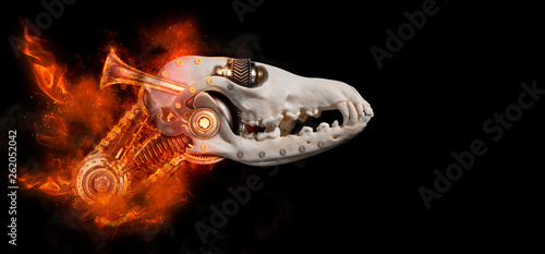 Steampunk style skull of a red fox  Vulpes vulpes .