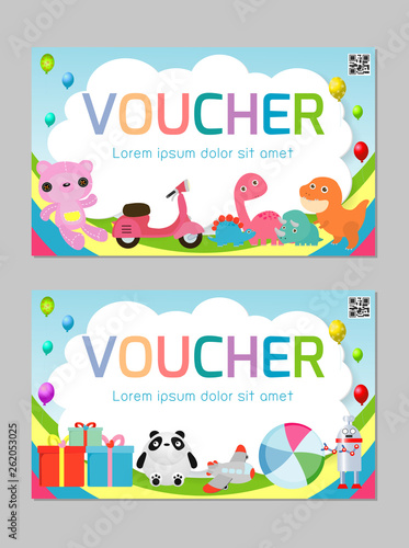 Gift voucher template with colorful pattern,cute gift voucher certificate coupon design template, kids toys shop, voucher Vector illustration