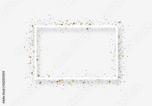 Decorative frame with glitter tinsel of confetti. Glow border of gold stars and dots points