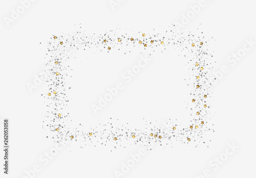 Decorative frame with glitter tinsel of confetti. Glow border of gold stars and dots points