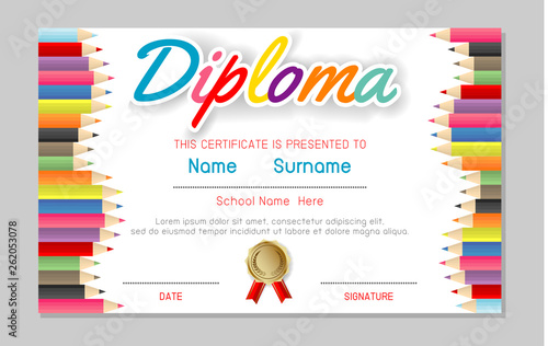 Certificate kids diploma, kindergarten template layout space background frame design vector. Diploma template for kindergarten students, education preschool concept.