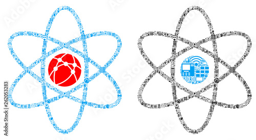 Atom collage icon created for bigdata and computing purposes. Vector atom mosaics are organized from computer, calculator, connections, wi-fi, network, interface icons into abstract collage.