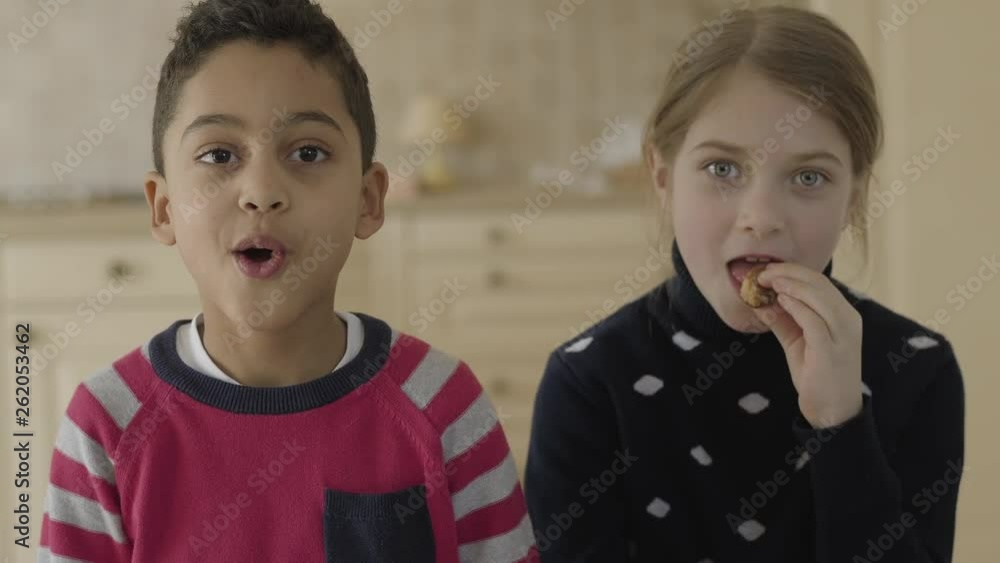 Cute african american boy and blond caucasian girl with blue eyes sitting in the kitchen. The girl eating cookie and the boy talking joyfully looking in camera. Leisure of funny kids Cute african american boy and blond caucasian girl with blue eyes sitting in the kitchen. The girl eating cookie and the boy talking joyfully looking in camera. Leisure of funny kids