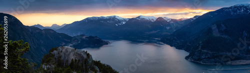 Scenic Panoramic Landscape view of the Beautiful Canadian Nature from the top of the Mountain during a colorful sunset. Taken in Squamish, North of Vancouver, BC, Canada.