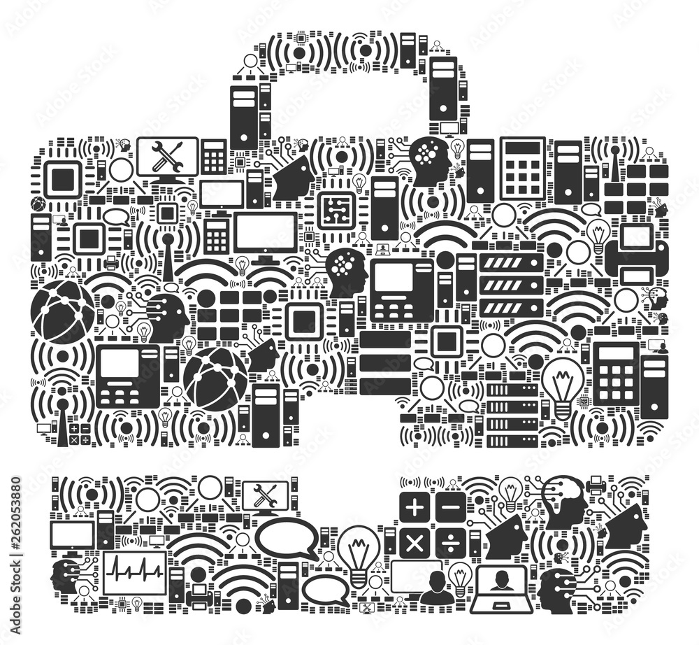 Career Case collage icon combined for bigdata and computing purposes. Vector career case mosaics are combined from computer, calculator, connections, wi-fi, network,