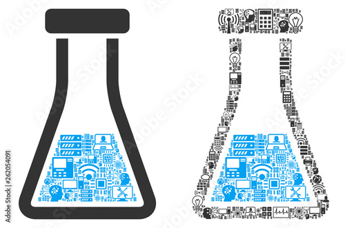 Chemical Retort collage icon combined for bigdata and computing illustrations. Vector chemical retort mosaics are combined from computer, calculator, connections, wi-fi, network,