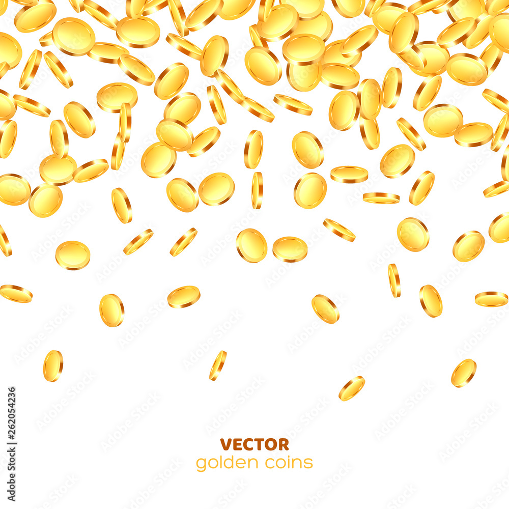 Realistic 3d golden coins explosion. Falling money isolated on white background. Vector illustration. Realistic 3d golden coins explosion. Falling money isolated on white background. Vector illustration.