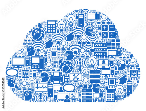 Cloud collage icon done for bigdata and computing illustrations. Vector cloud mosaics are organized from computer, calculator, connections, wi-fi, network, interface symbols into abstract collage.