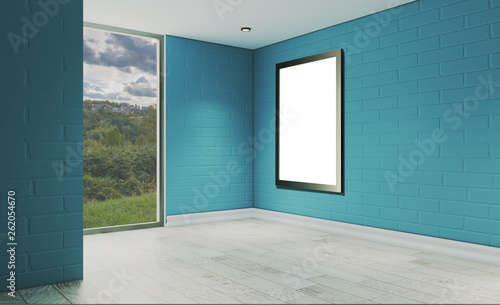 Empty blue bathroom interior with large window.. 3D rendering.Blank paintings.  Mockup.