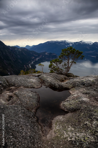 Scenic Landscape view from the top of the Mountain during a cloudy day. Taken in Squamish, North of Vancouver, BC, Canada.