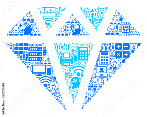 Diamond composition icon created for bigdata and computing purposes. Vector diamond mosaics are combined from computer, calculator, connections, wi-fi, network,