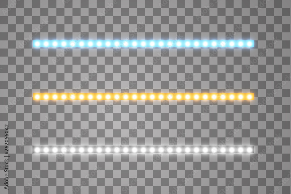 Shining led vector stripes, neon illumination on transparent background, set of yellow, white, blue glowing decorative tapes of diode ecological lamps light effect for banners, web-sites