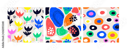 Set of three abstract contemporary seamless patterns. Hand drawn various shapes and flowers. Modern trendy vector illustration. Bright neon colors. Every pattern is isolated. Perfect for textile print