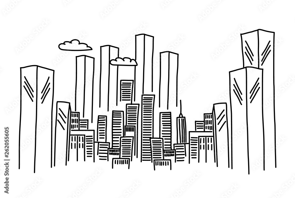 Cartoon hand drawing city. Vector on white background.