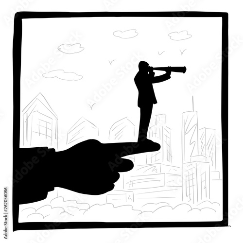 silhouette businessman with big telescope searching for opportunities on boss hand pointing the best direction vector illustration sketch doodle hand drawn isolated on white square background.