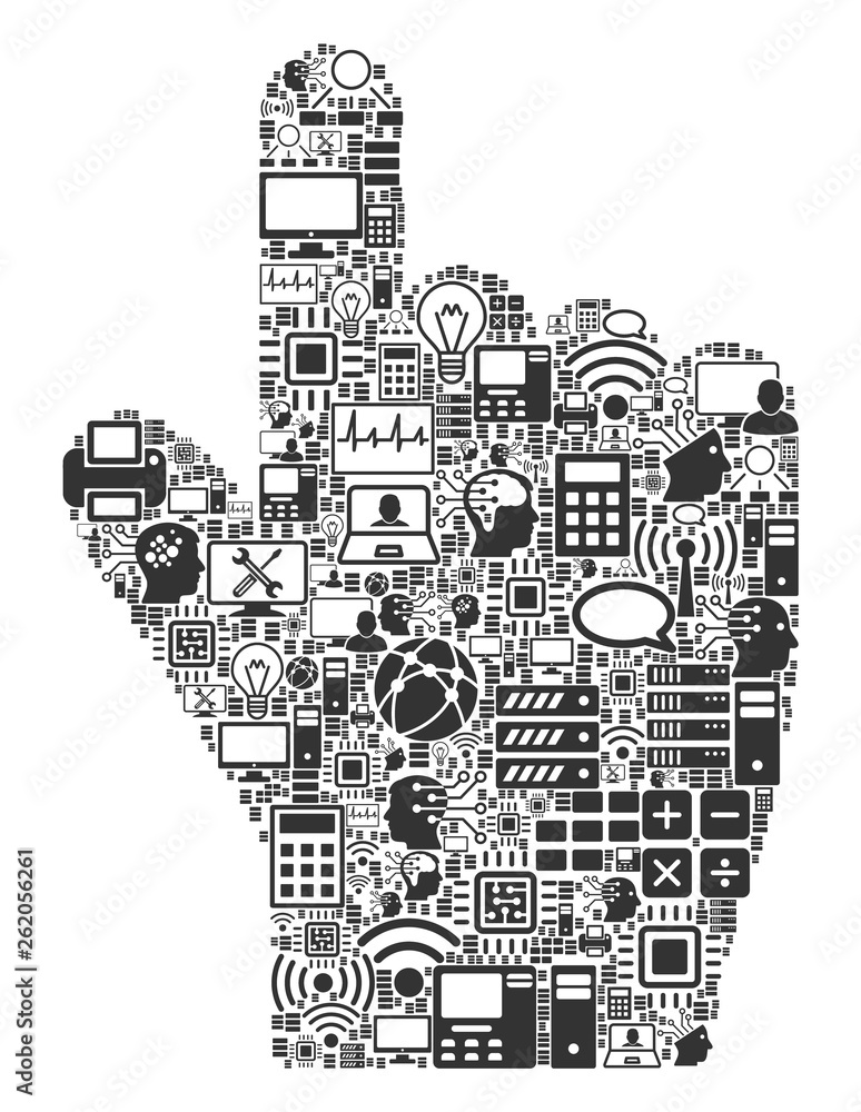 Index Finger composition icon done for bigdata and computing purposes. Vector index finger mosaics are composed from computer, calculator, connections, wi-fi, network,
