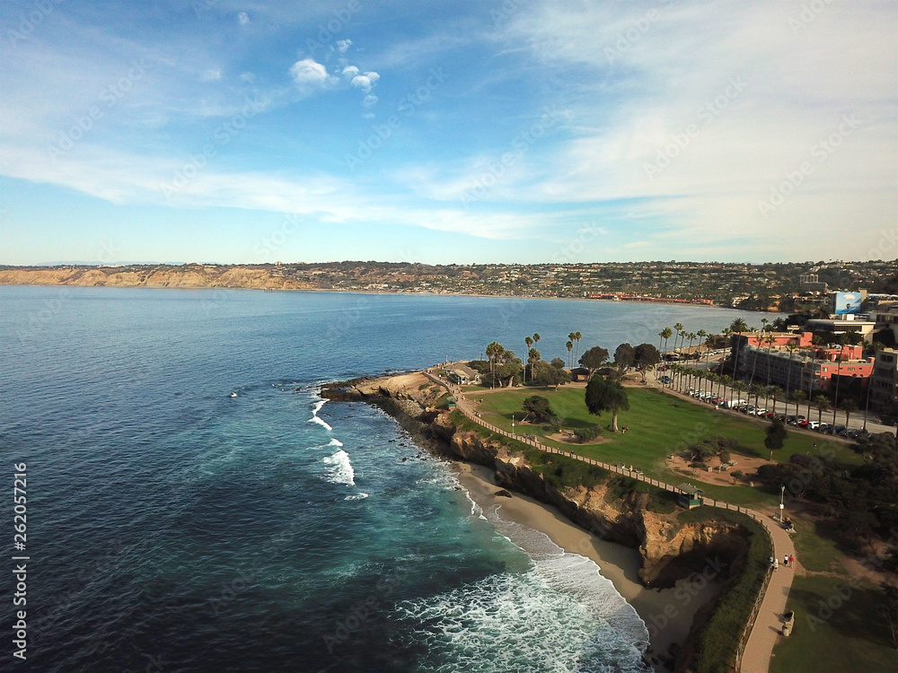 Aerial view of coastline La Jolla cove, San Diego, California.  picturesque cove and beach that is surrounded by cliffs and the pacific ocean, famous tourist attraction to see the sea lions and sails