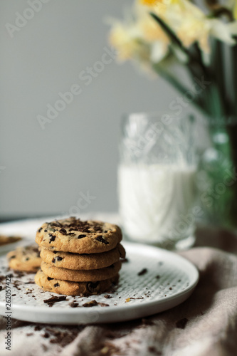 Glass of milk and Homemade chocolate chip cookies