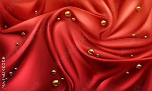 Red silk draped fabric background with gold randomly scattered shiny spheres or pearls. Luxurious folded textile decoration element for poster, banner or cover design. Vector 3d realistic illustration