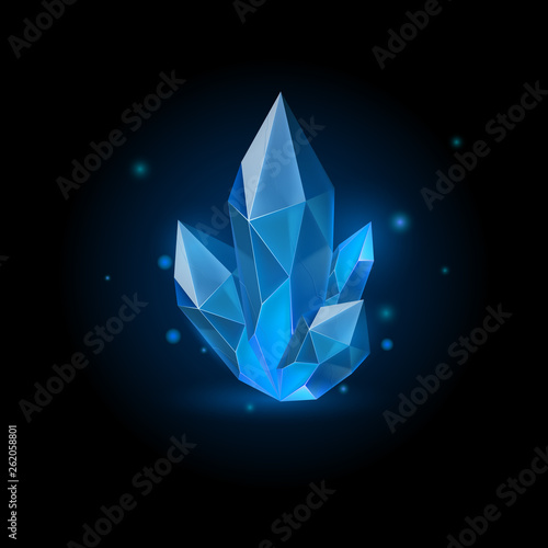 Magic Blue Crystal with Sparkle. Decoration icon for Games. Cartoon crystals Illustration. Stone Mana Energy on Black Background