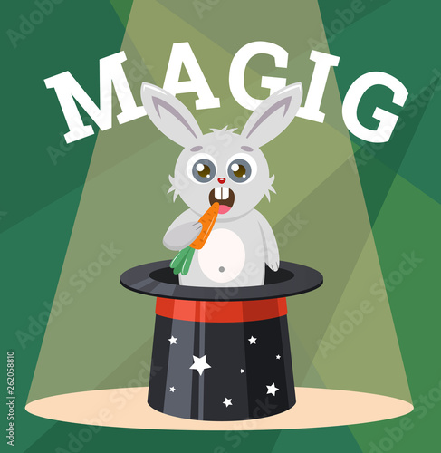 Cute rabbit in a magic hat gnaws carrots. fabulous party trick. Vector color poster with the character of a hare and a cylinder on a green background.