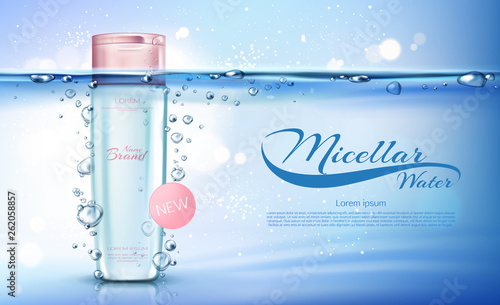 Micellar water cosmetic bottle mockup with space for name brand on transparent aqua background with air bubbles. Beauty cosmetics product tube with pink cap. Realistic 3d vector illustration, banner.