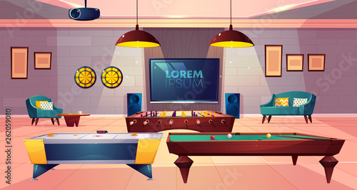 Recreation room for leisure in house basement with soft armchair and sofa, darts and TV on wall, projector on ceiling, ho key, billiard and football, soccer tabletop games. Cartoon vector illustration