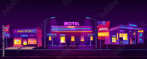 Roadside motel with car parking, oil station coffee and burger cafe glowing at night with ultraviolet neon light background. 24 hours comfortable accommodation for tourists Cartoon vector illustration
