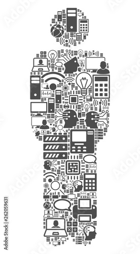 Standing Man collage icon done for bigdata and computing purposes. Vector standing man mosaics are composed from computer, calculator, connections, wi-fi, network,