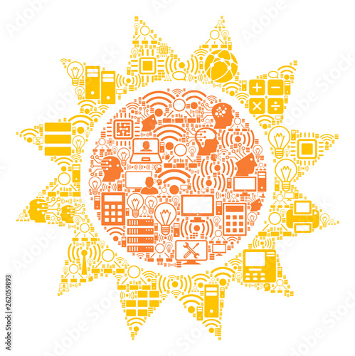 Sun collage icon created for bigdata and computing purposes. Vector sun mosaics are organized from computer, calculator, connections, wi-fi, network, interface elements into abstract collage.