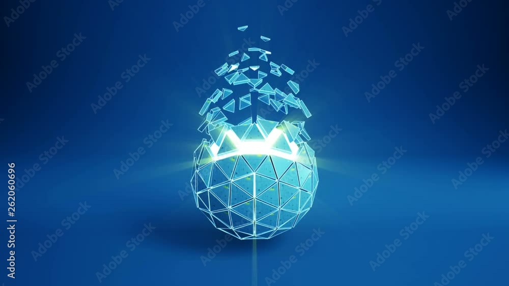 Spinning blue polyhedron and glowing core. Abstract futuristic technology or science fiction concept. Seamless loop 3D render animation 4k UHD 3840x2160 Spinning blue polyhedron and glowing core. Abstract futuristic technology or science fiction concept. Seamless loop 3D render animation 4k UHD 3840x2160