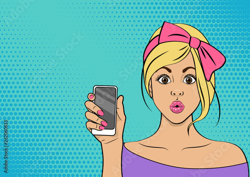 Attractive sexy retro girl with phone in the hand in comic style. Surprised woman holding smartphone. Vector illustration in Pop Art style. 