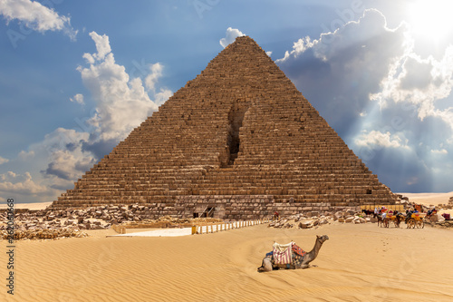 The Pyramid of Menkaure with camels and horses nearby  Giza  Egypt