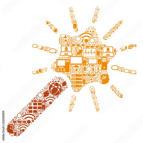 Wand Magic Tool collage icon combined for bigdata and computing illustrations. Vector wand magic tool mosaics are combined from computer, calculator, connections, wi-fi, network,