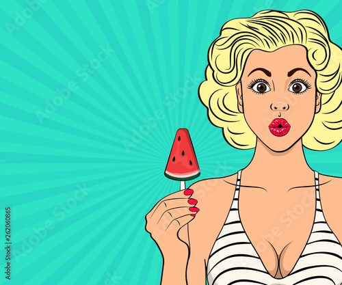 Sexy blonde Girl in a bikini holds ice cream in her hand. Rays background. Vector illustration in pop art style