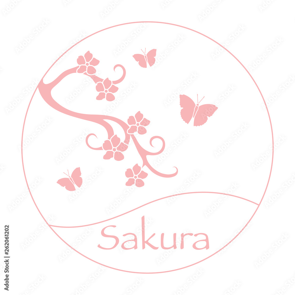 Sakura branch, butterflies. Japan design element Sakura branch, butterflies. Japan design element