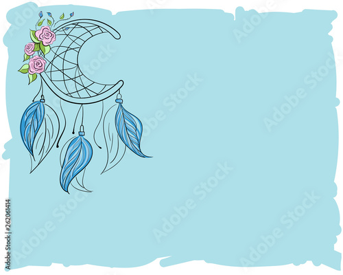Colorful hand drawn dreamcatchers and roses with leaves   blue background  can be used for fabric