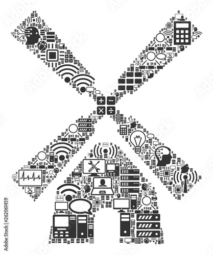 Wind Mill composition icon designed for bigdata and computing purposes. Vector wind mill mosaics are organized from computer, calculator, connections, wi-fi, network,