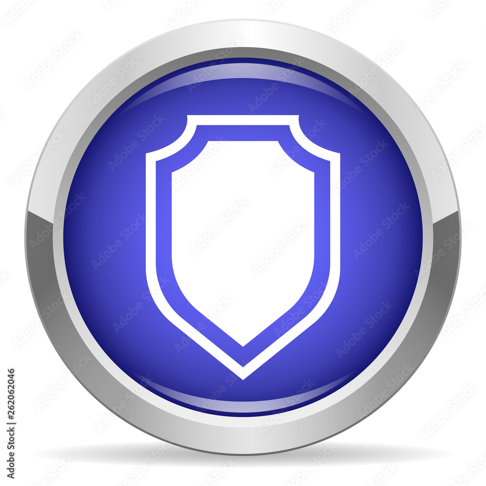 Shield icon. Round bright blue button. Shield icon. Round bright blue button.