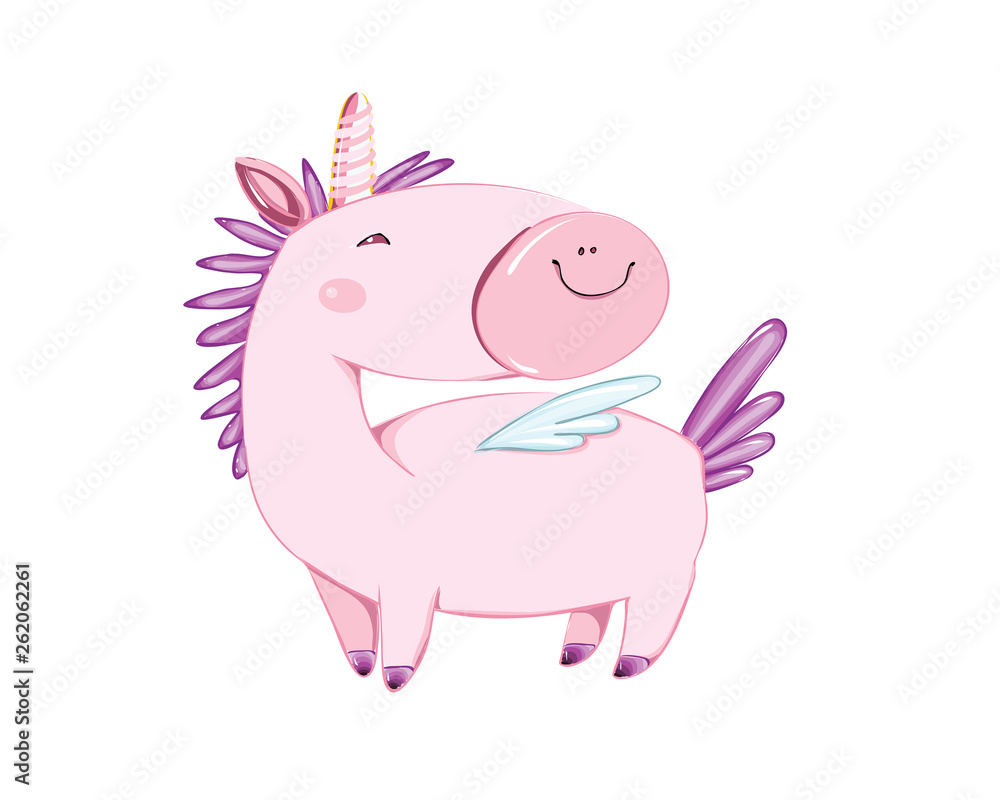 Cute little pink magical unicorn.  design on white background. Print for t-shirt. Romantic hand drawing illustration for children.